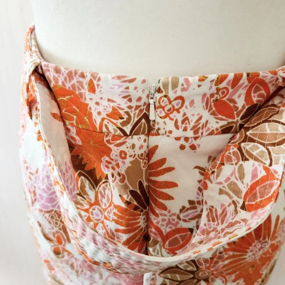 Nordstrom 1901 Orange Pink Retro 70s Floral Belted Pencil Skirt 8 Cottagecore